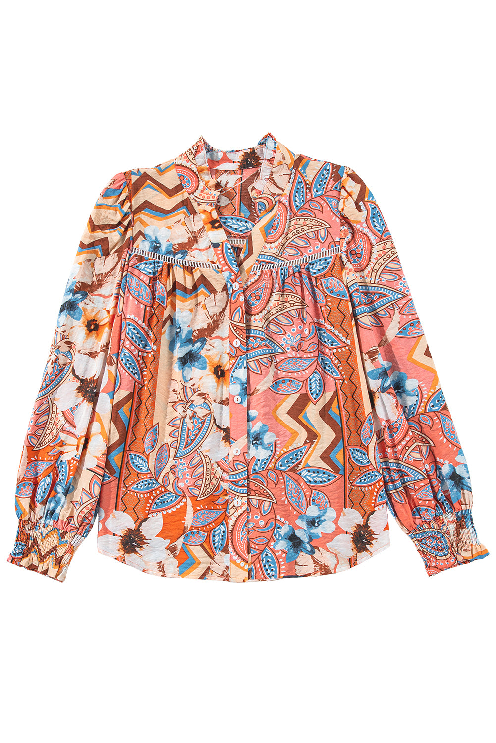 Orange Floral Print Shirred Cuff Buttoned Loose Fit Shirt