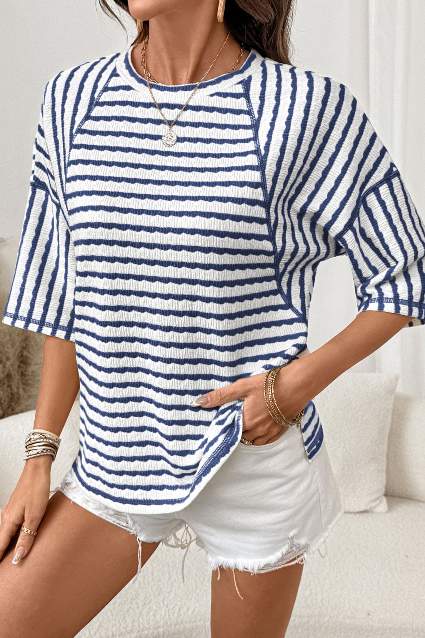 Apricot Stripe Textured Knit Split Hem Half Sleeve Loose Top