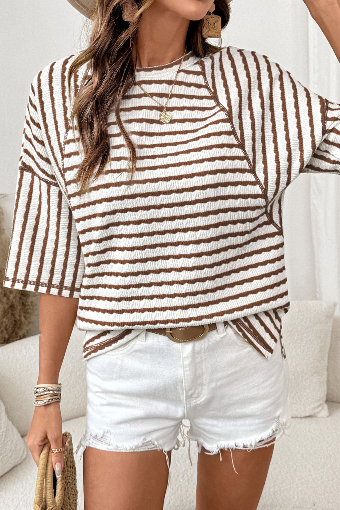 Apricot Stripe Textured Knit Split Hem Half Sleeve Loose Top