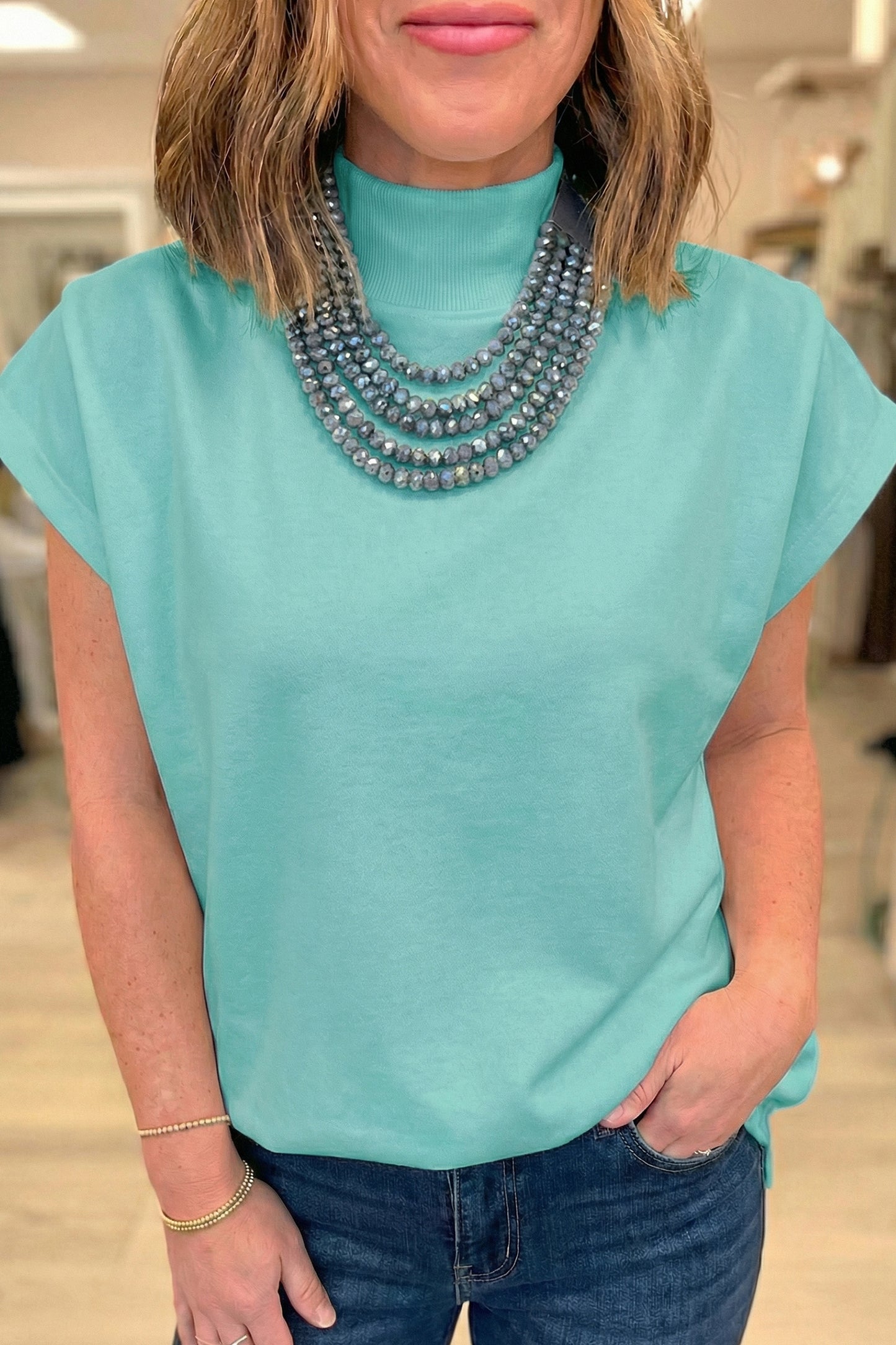 Yellow Solid Color High Neck Cap Sleeve Loose Top