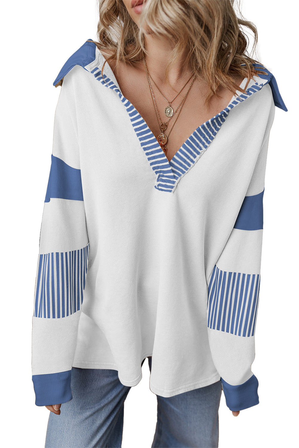 Black Striped Patchwork Collar Sweatshirt