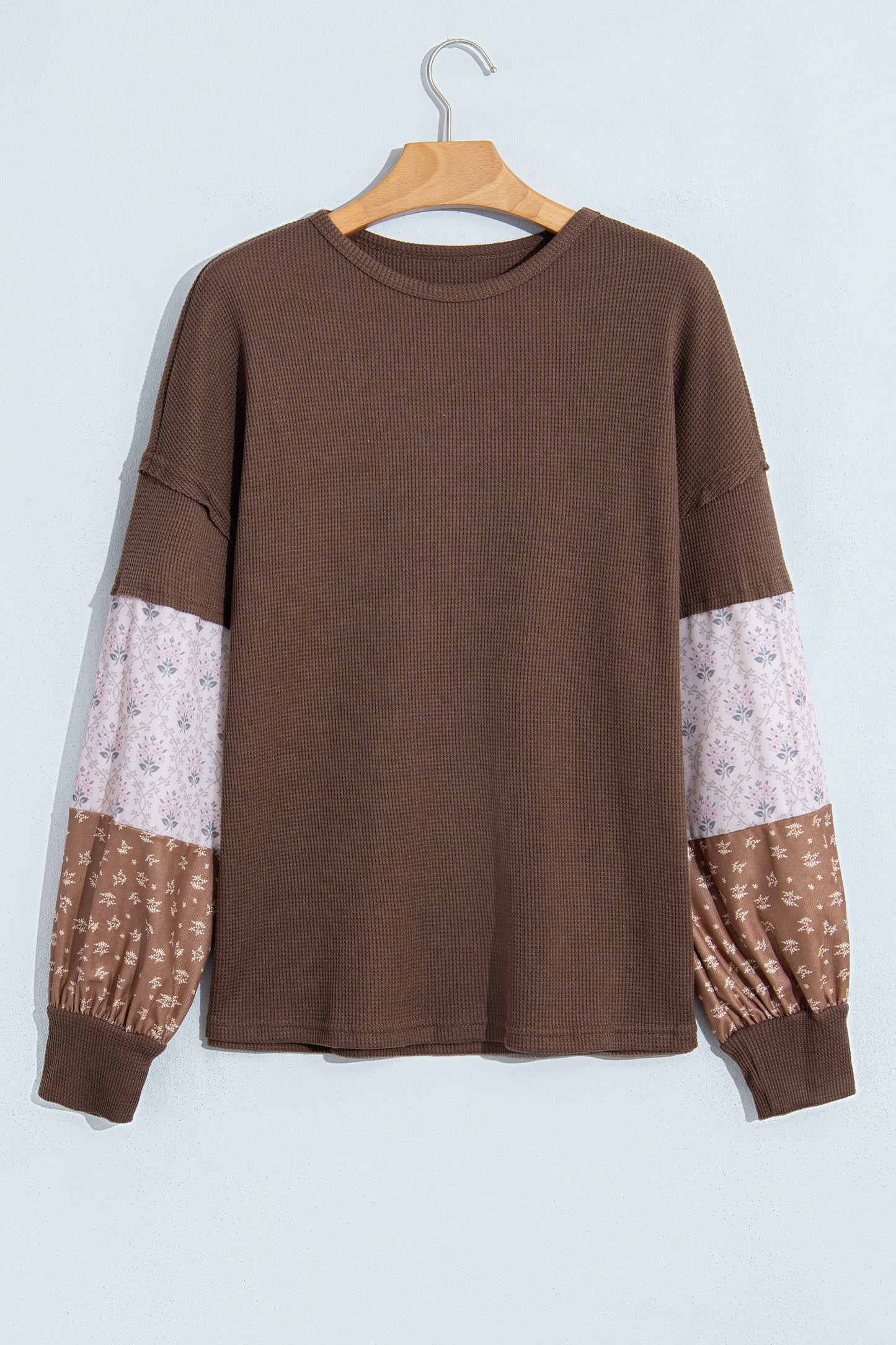 Coffee Floral Print Colorblock Long Sleeve Textured Loose Pullover Tunic Top