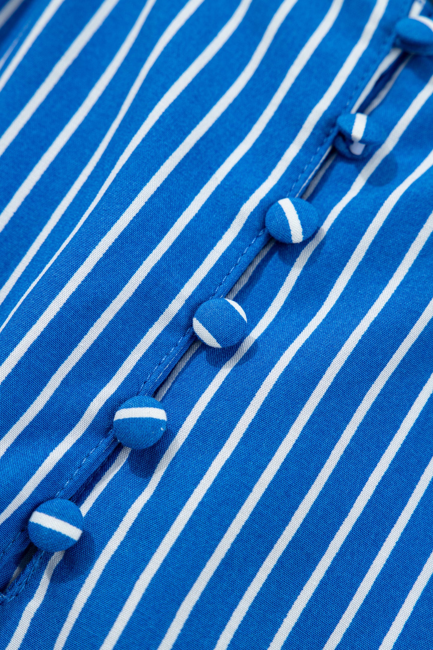 Blue Stripe Ruffled Short Puff Sleeve Button Front Blouse