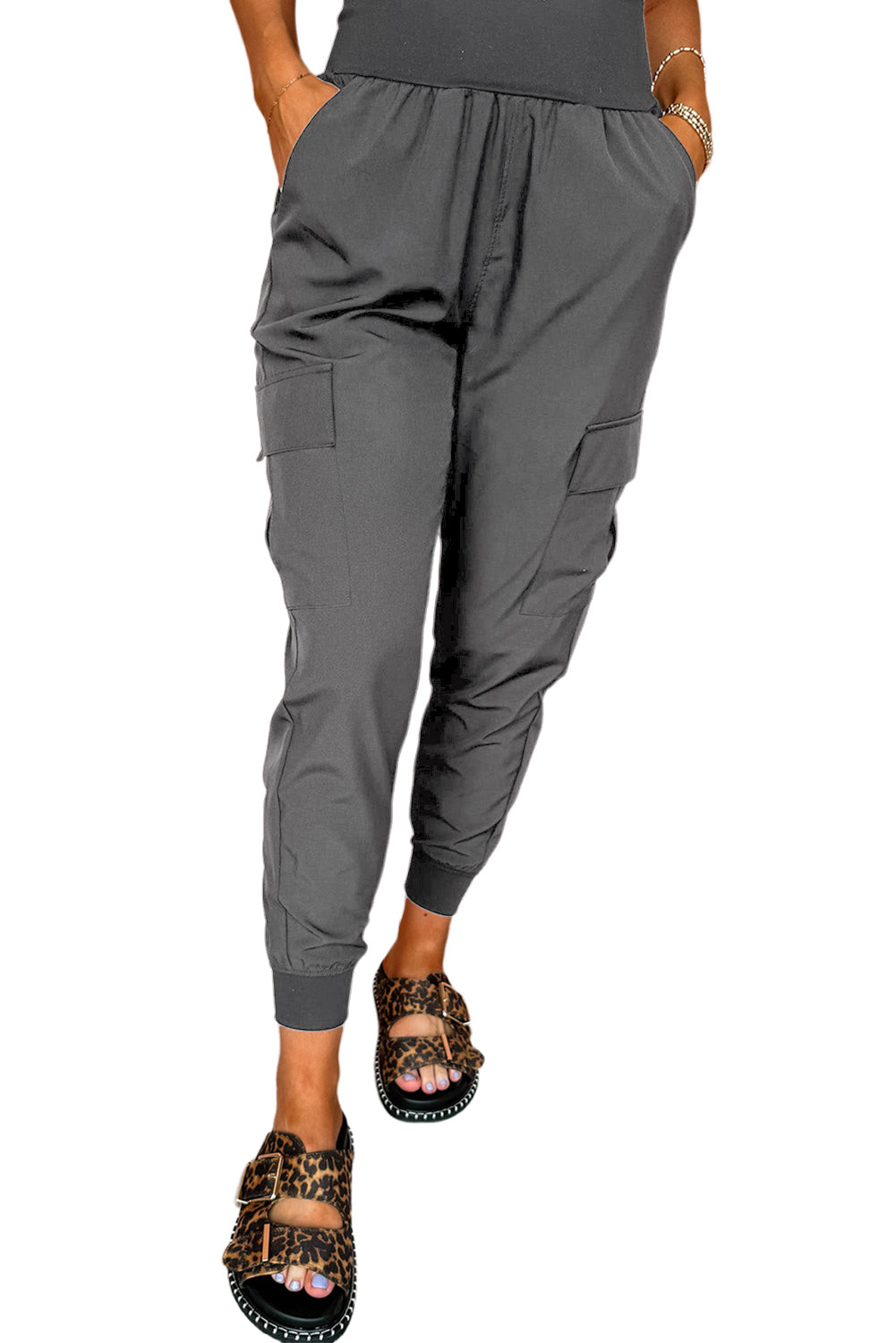 Black Elastic High Waist Pocketed Cargo Jogger Pants