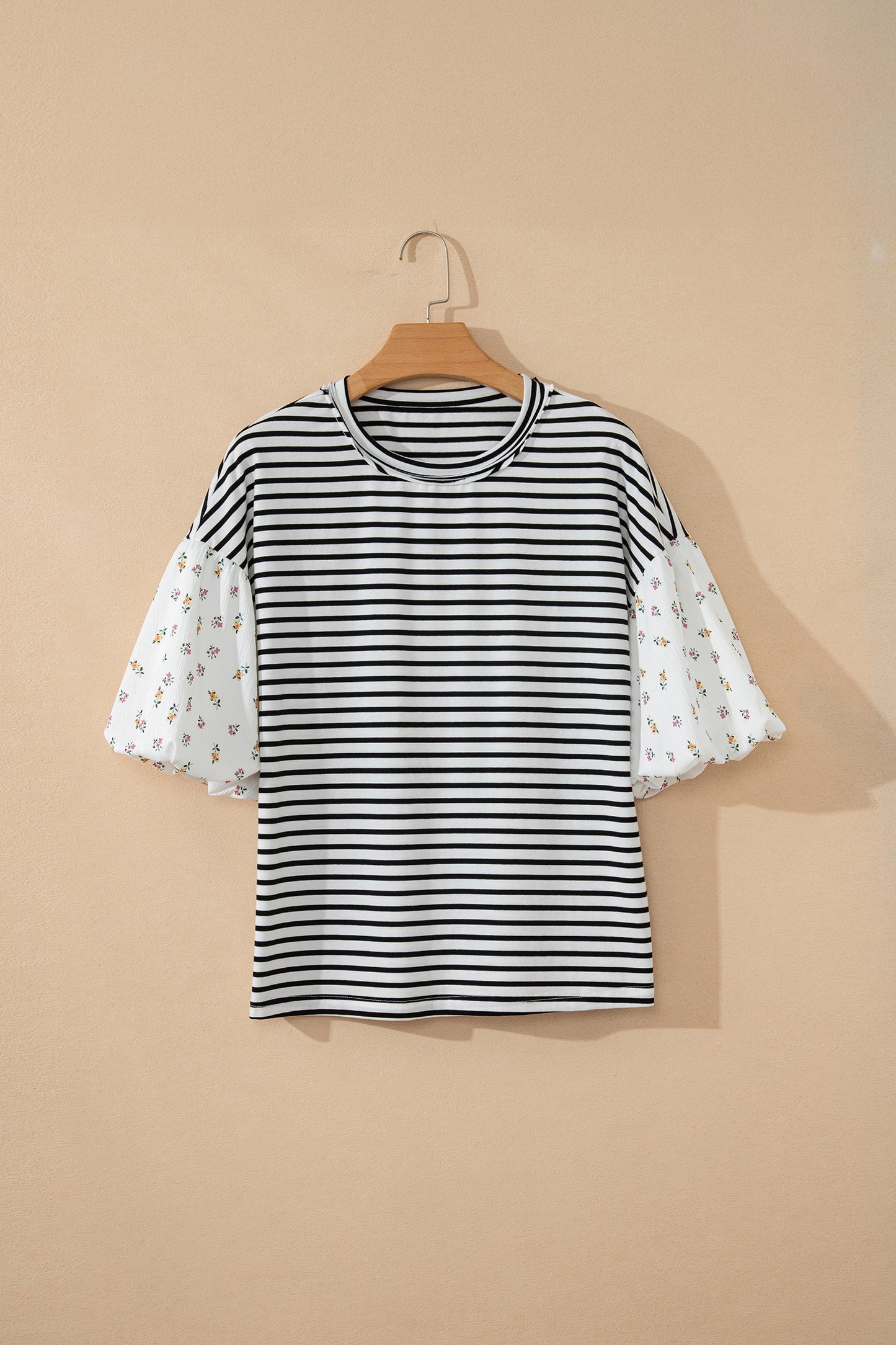 Green Stripe Floral Puff Sleeve Patchwork Round Neck Loose Top