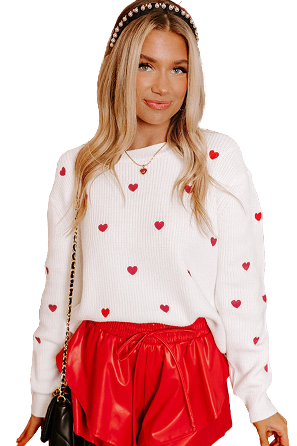 Rose Red Heart Pattern Drop Shoulder Round Neck Sweater