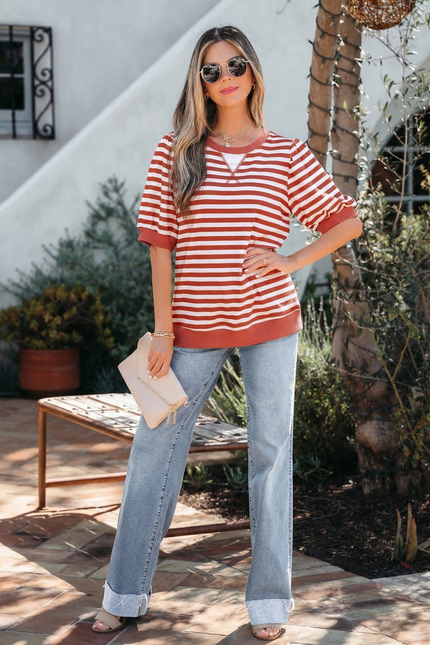 Sky Blue Stripe Short Bubble Sleeve T Shirt