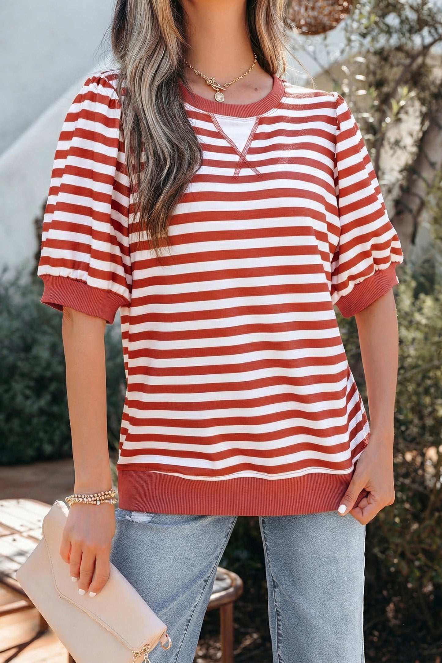 Sky Blue Stripe Short Bubble Sleeve T Shirt