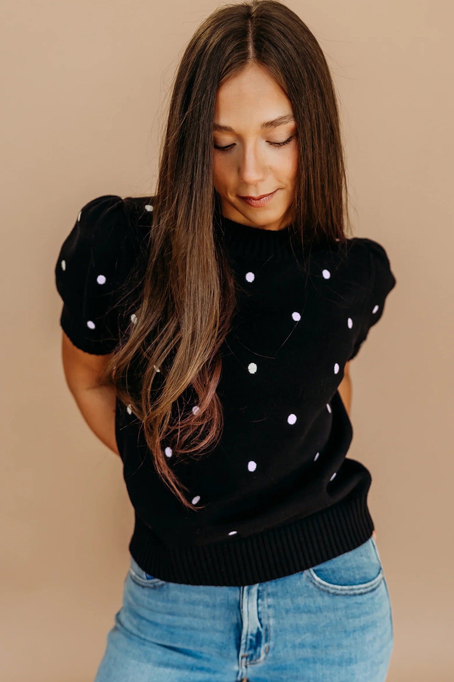Chestnut Elegant Polka Dot Bubble Short Sleeve Sweater