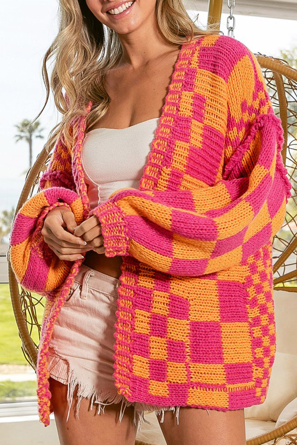 Smoke Gray Colorblock Checked Open Front Knitted Cardigan