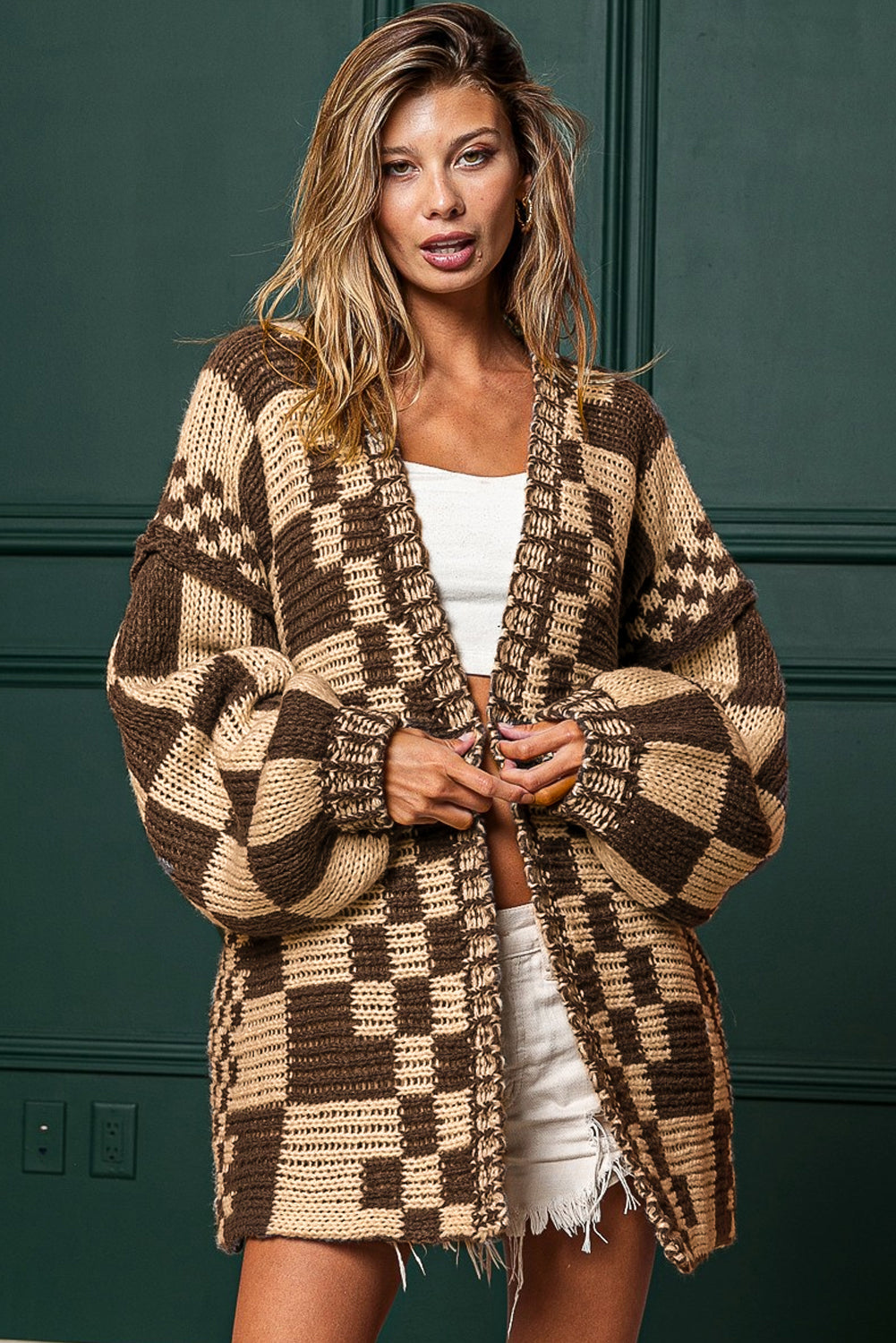 Smoke Gray Colorblock Checked Open Front Knitted Cardigan