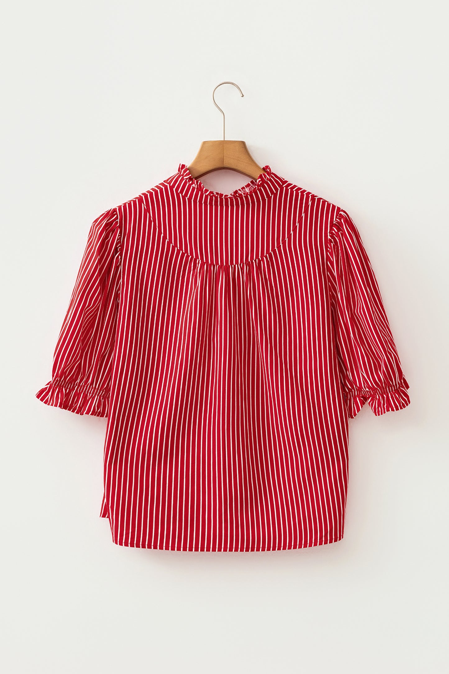 Blue Stripe Ruffled Short Puff Sleeve Button Front Blouse