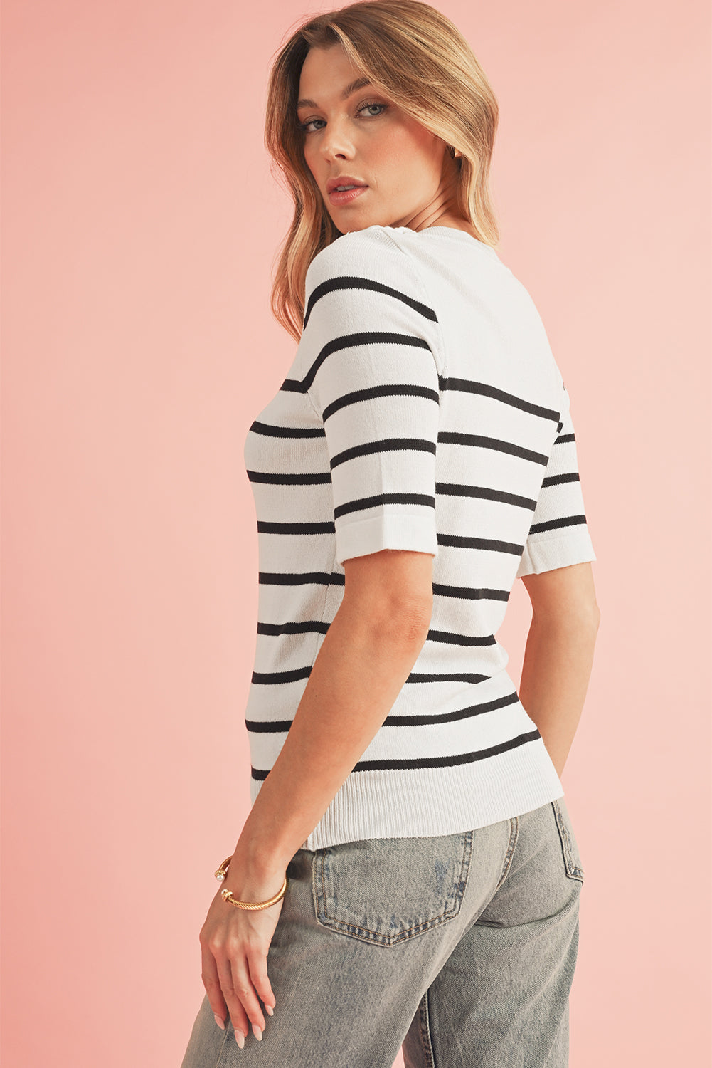 White Stripe Button Decor Half Sleeve Knitted Tee