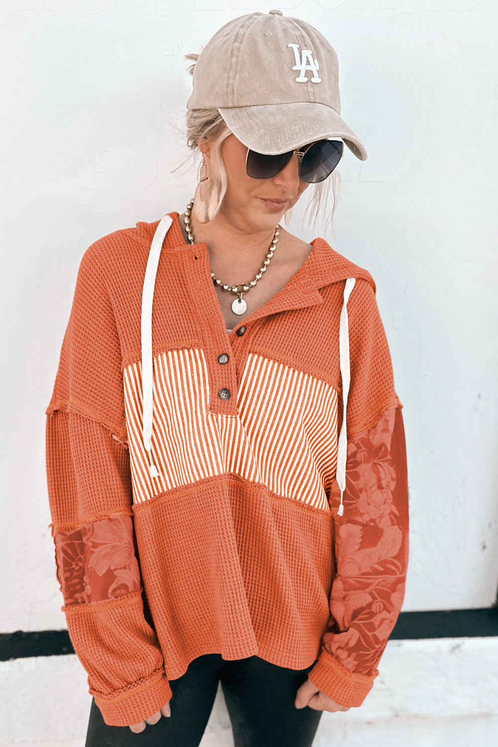 Gray Waffle Patchwork Drawstring Hooded Long Sleeve Top