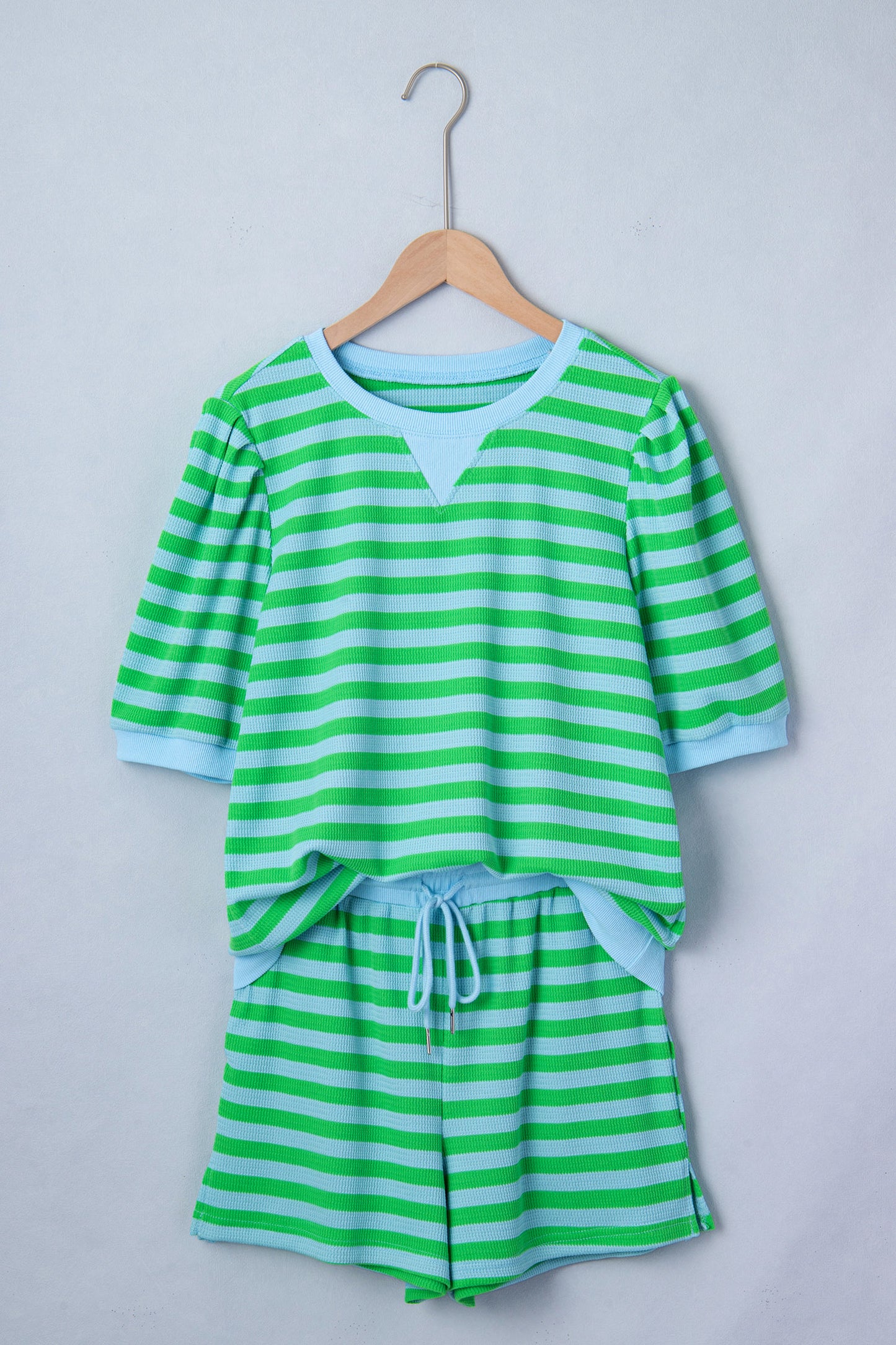 Pink Stripe Puff Short Sleeve T Shirt Matching Shorts Set