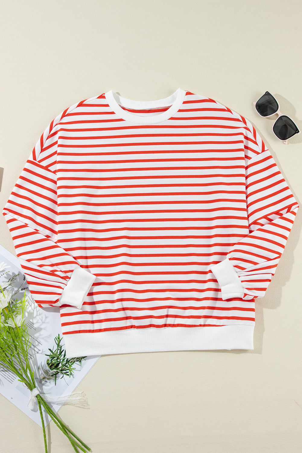 Blue Stripe Drop Shoulder Crew Neck Loose Sweatshirt