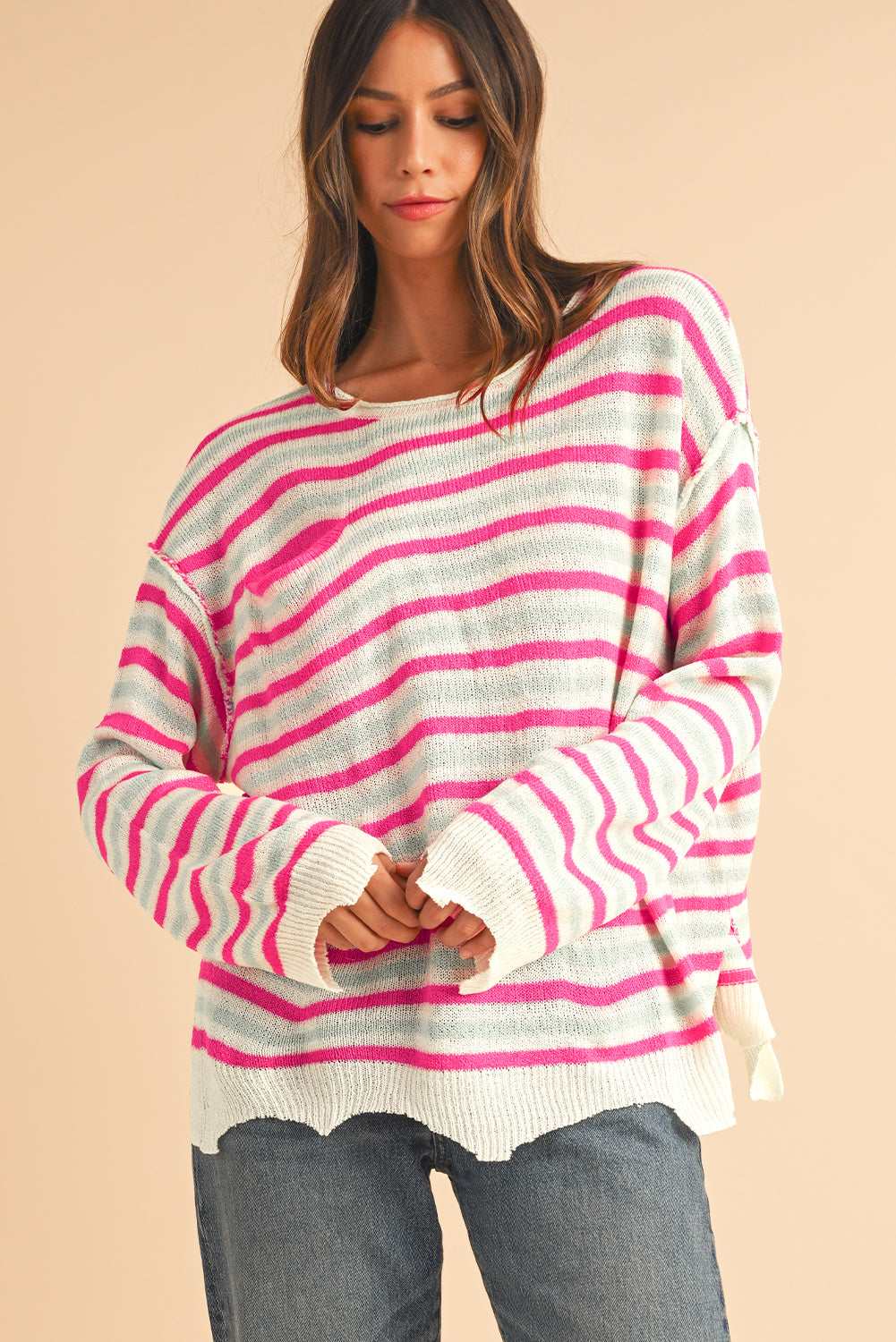 Rose Stripe Distressed Pocket Drop Sleeve Sweater