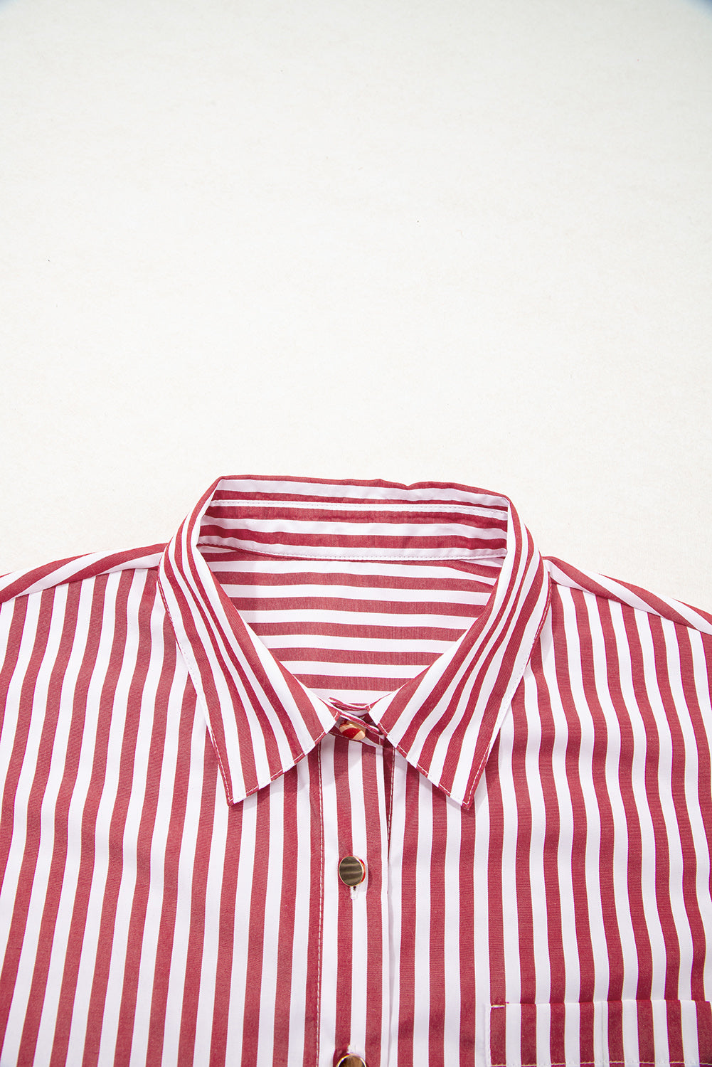 Red Striped Pocket Side Slit Loose Shirt Shacket