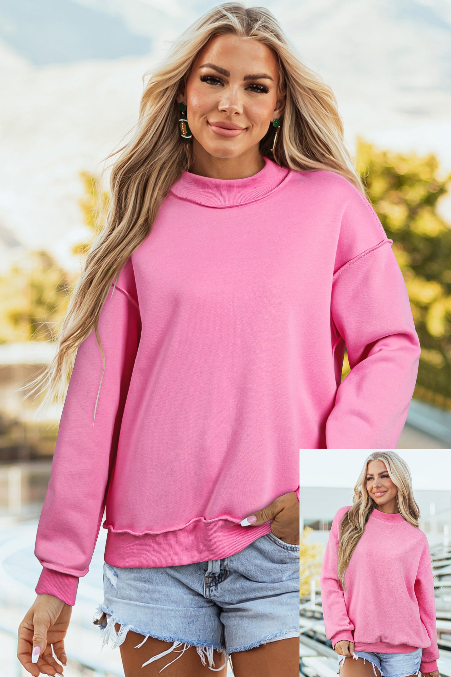 Bright Green Oversize Drop Shoulder Reversible Mock Neck Sweatshirt