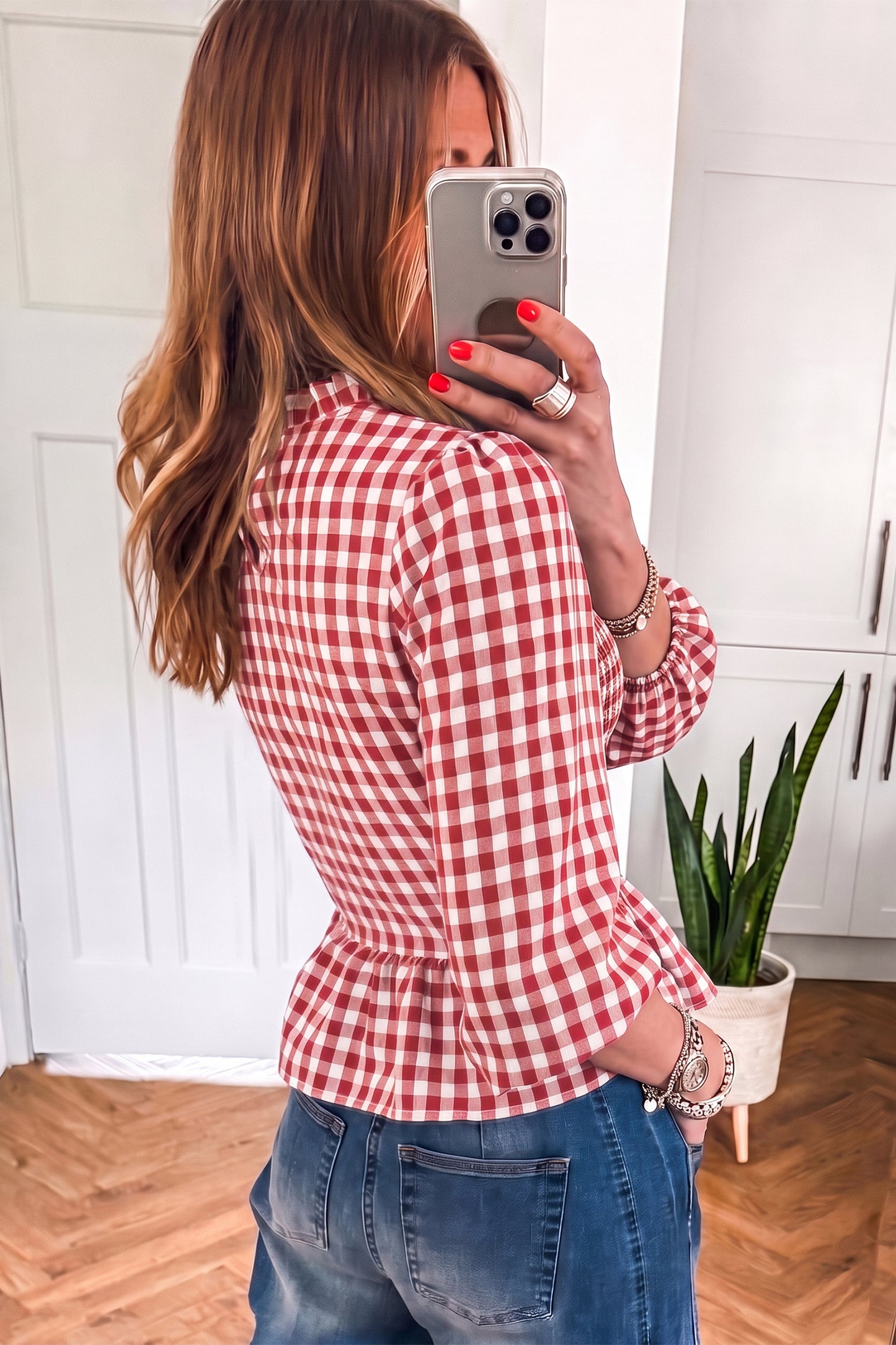 Brown 3/4 Sleeve Shirred Plaid Peplum Top