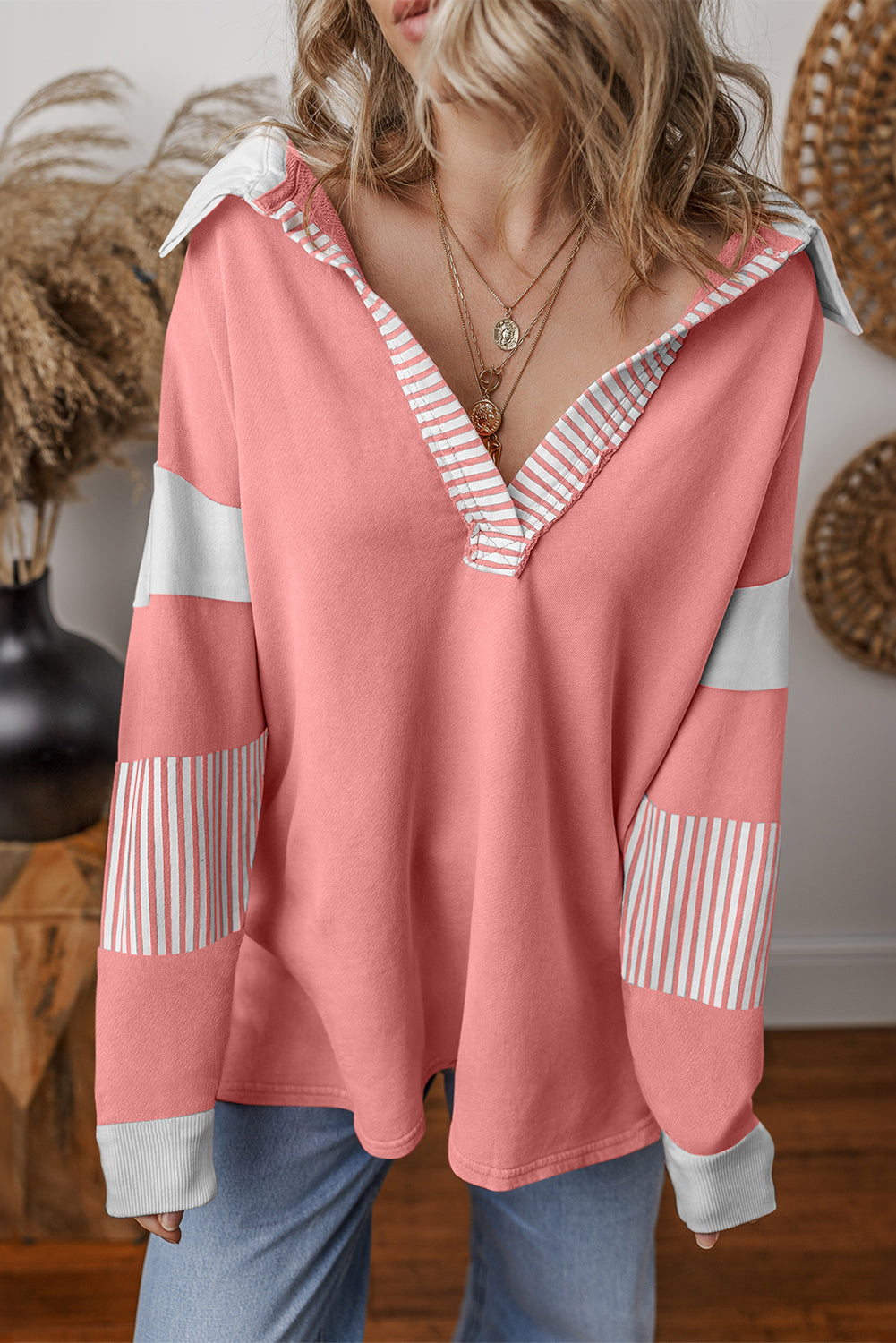 Black Striped Patchwork Collar Sweatshirt