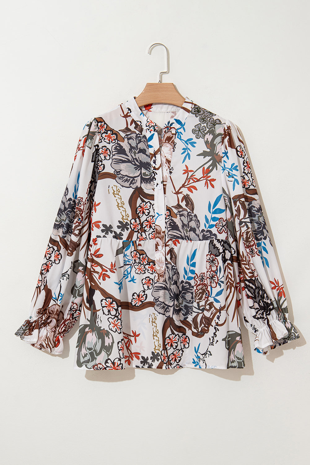 White Boho Print Lantern Sleeve V Neck Blouse