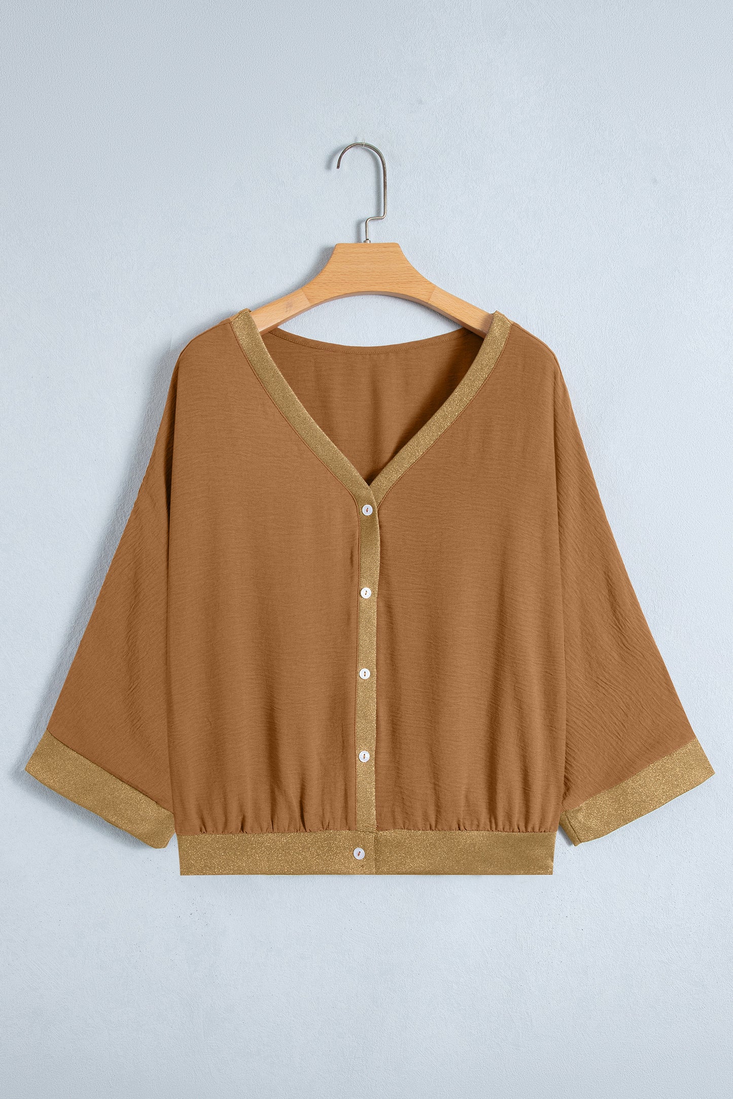 Brown V Neck Glitter Trim Patchwork Button-Front Blouse