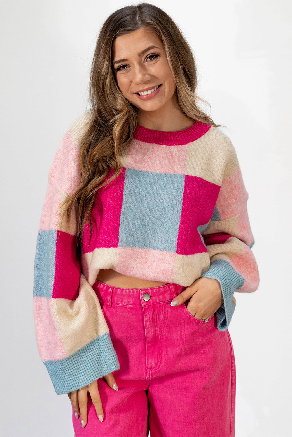 Rose Red Color Block Drop Shoulder Loose Fit Sweater