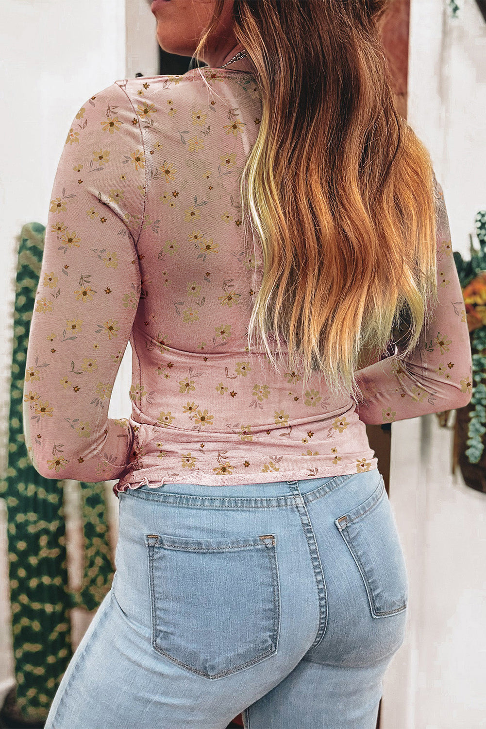 Laurel Green Floral Print Mesh Slim Fit Long Sleeve Top