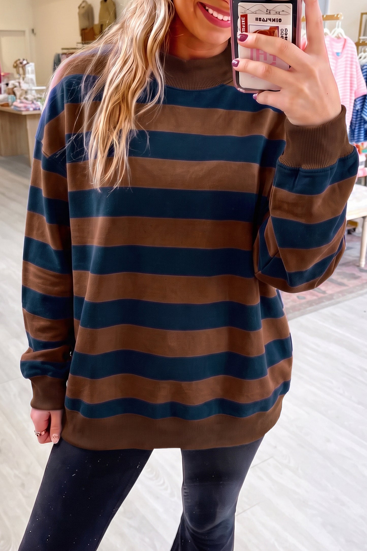 Rose Stripe Colorblock Mock Neck Relaxed Sweatshirt