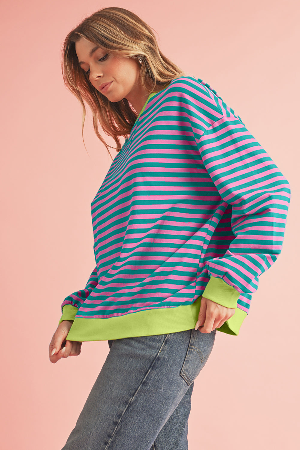 Green Stripe Contrast Edge Oversized Sweatshirt