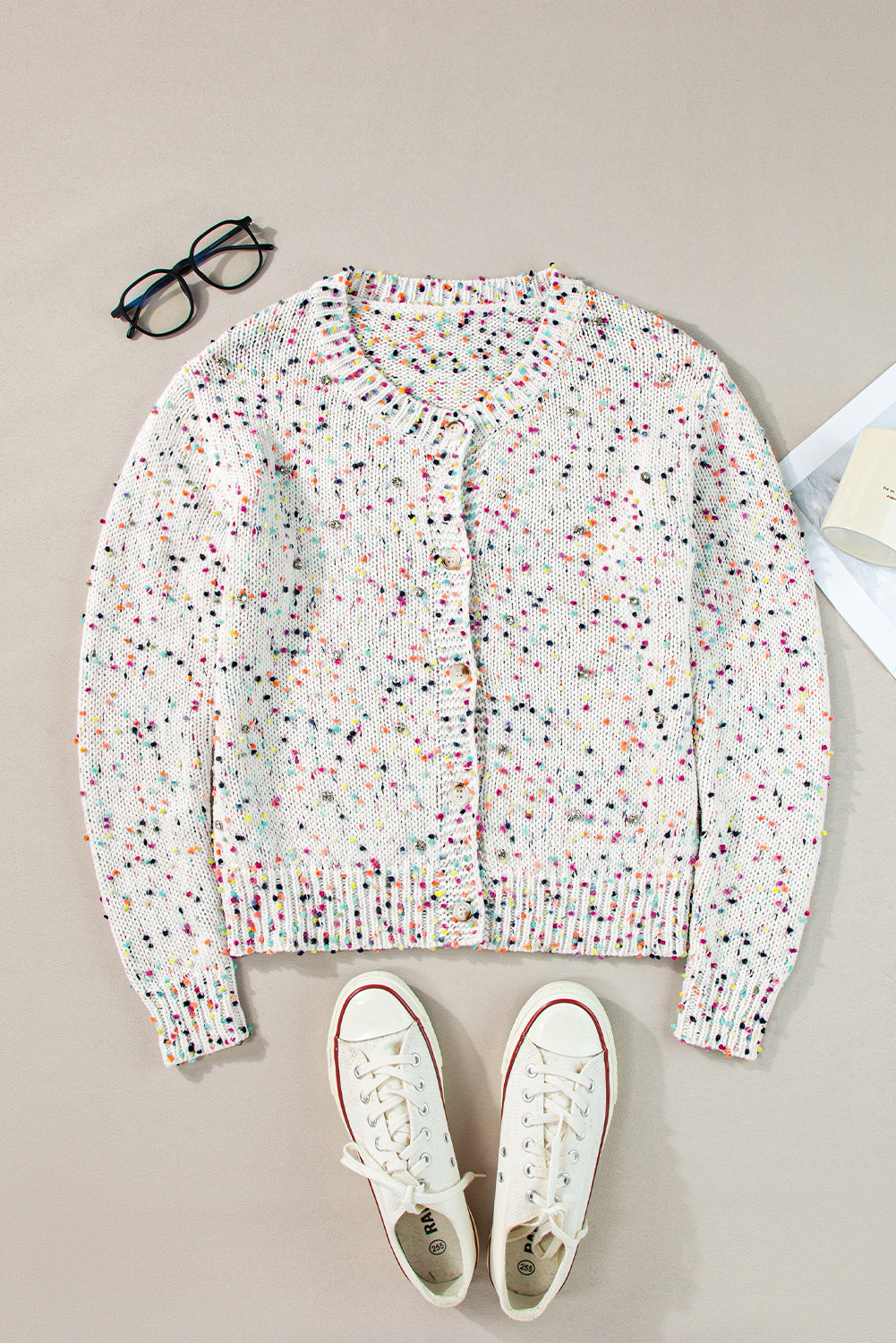 White Confetti Knit Bedazzled Cropped Cardigan