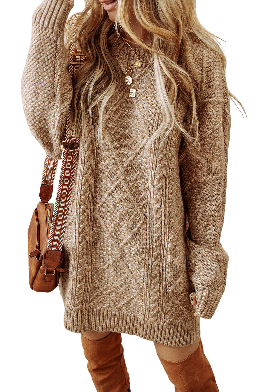 Coffee Twist Cable Knit Drop Shoulder Loose Fit Sweater Dress