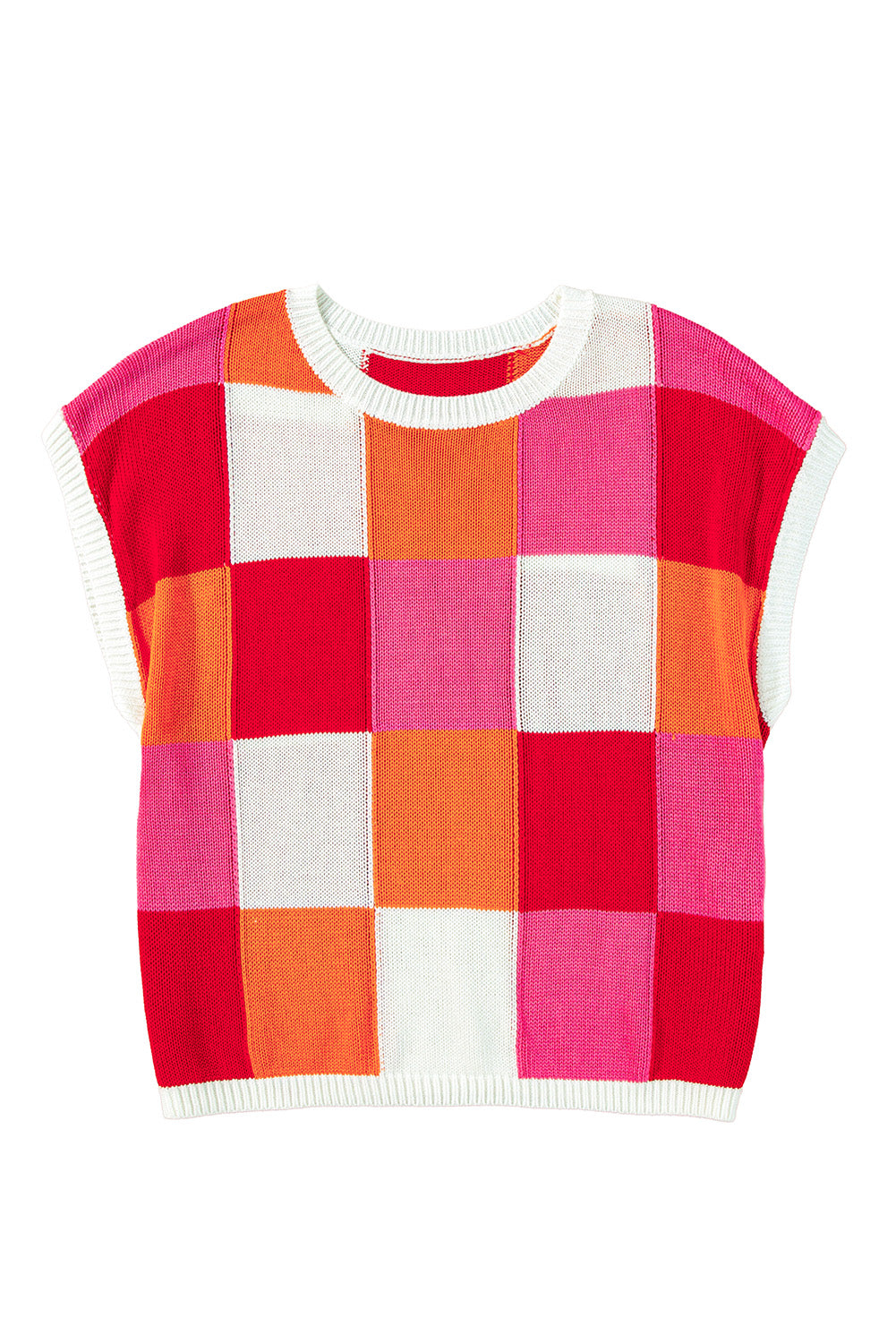 Grapefruit Orange Checkered Color Block Cap Sleeve Knitted Top