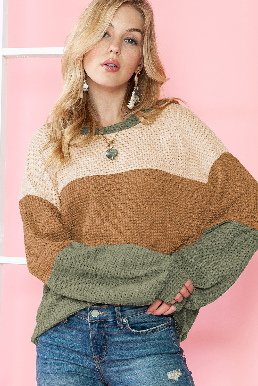 Green Waffle Knit Color Block Drop Sleeve Loose Top