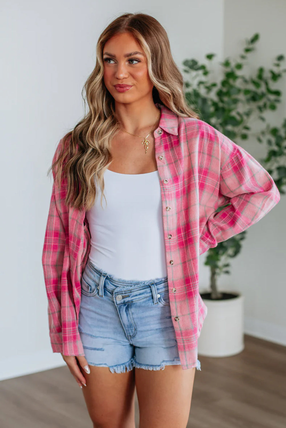 Sachet Pink Plaid Rounded Hem Long Sleeve Shirt Shacket