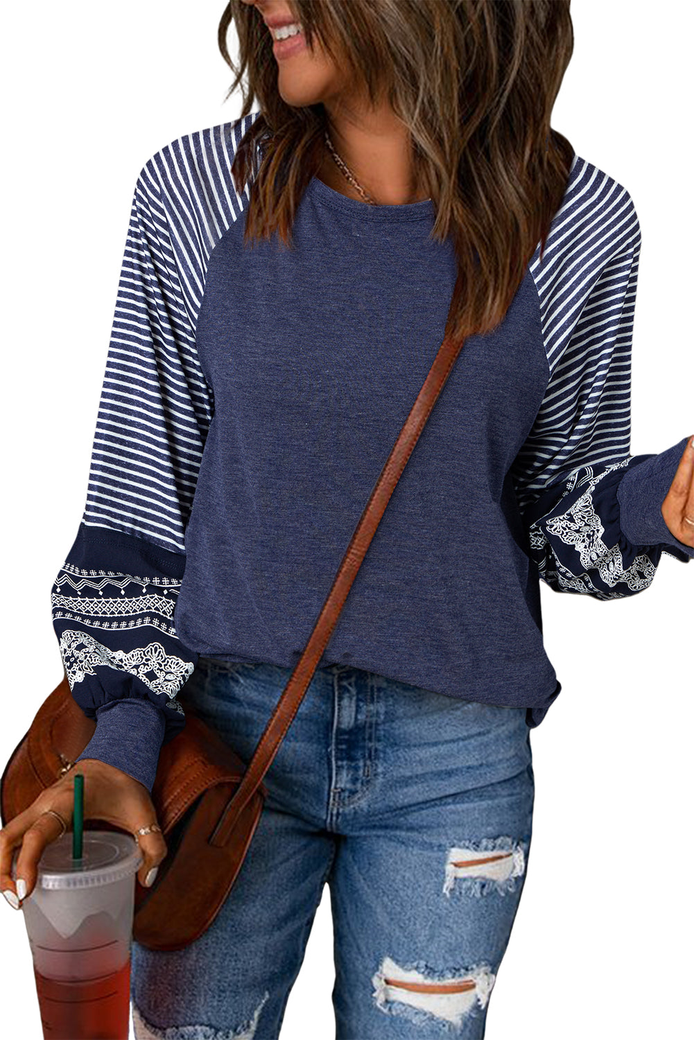 Mineral Red Contrast Print Striped Raglan Long Sleeve Loose Top
