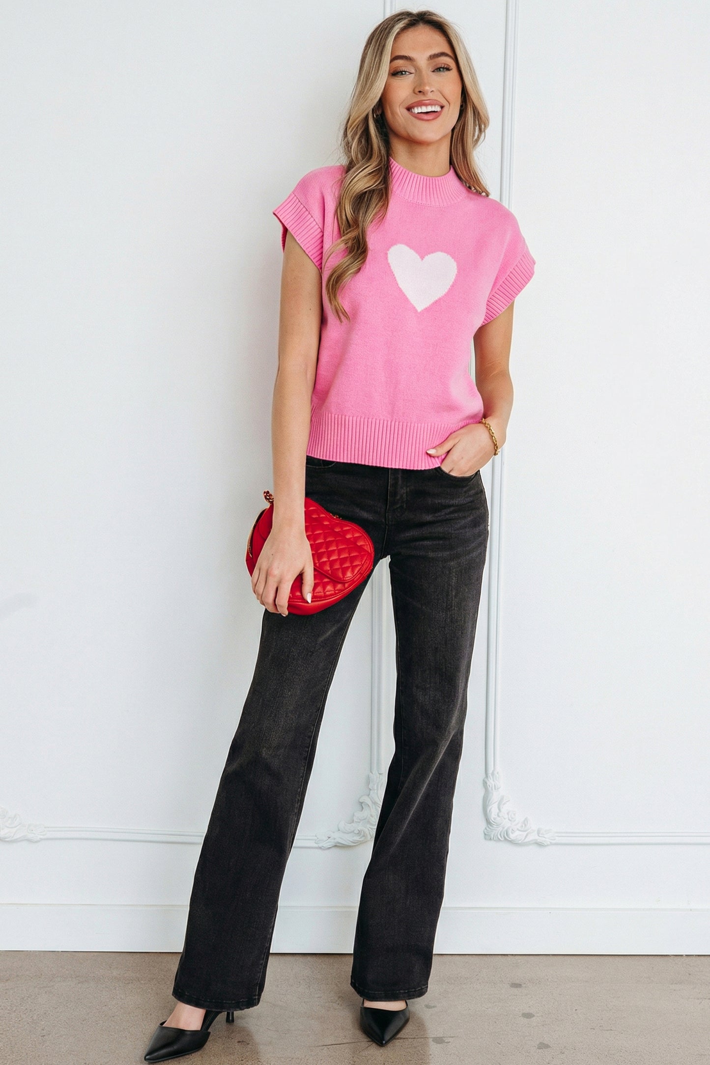White Valentine Heart Graphic Cropped Short Sleeve Sweater