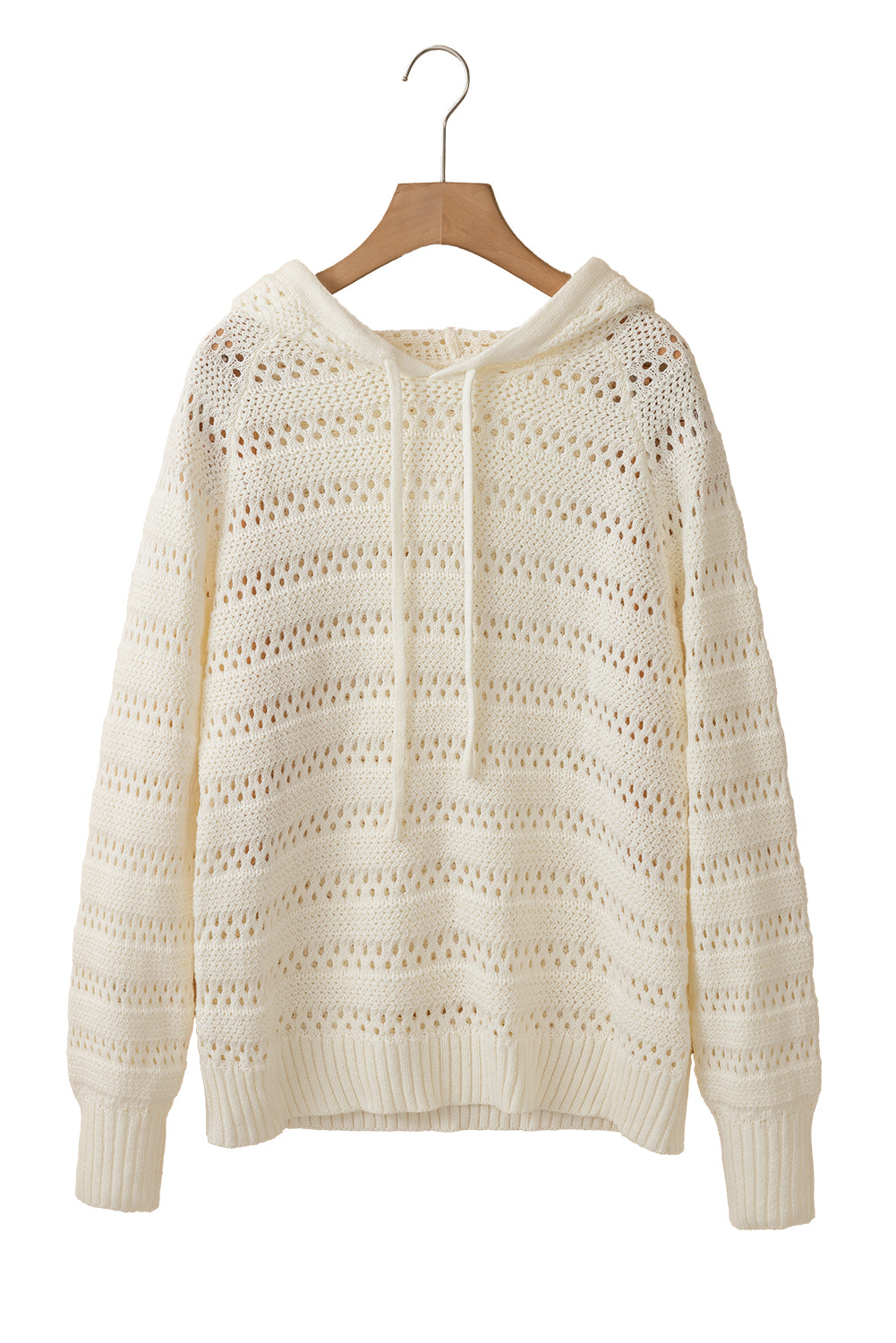 White Pointelle Knit Raglan Sleeve Drawstring Hooded Sweater