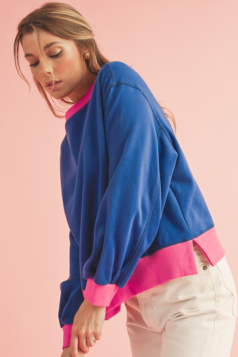 Blue Contrast Trim Bubble Sleeve Sweatshirt