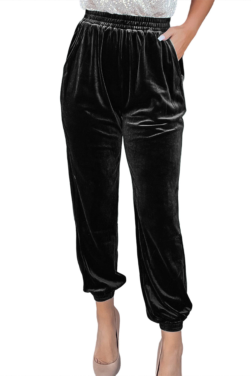 Black Vintage Pocket Velvet Jogger Pants