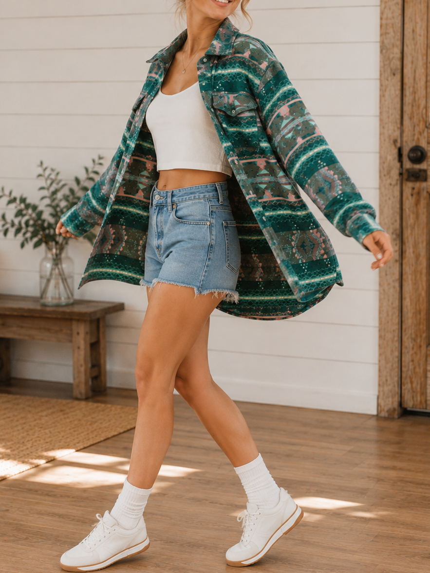 Boho Retro Green Western  Drop Shoulder Brushed Pocket Front Button Up Plaid Mustard Mint Burgundy  Oversized Shacket Cardigan