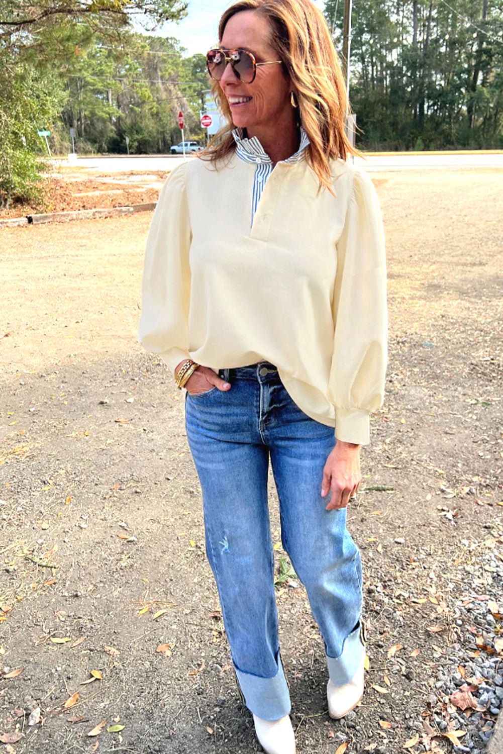 White Striped Ruffle Button Neck Pullover Sweatshirt