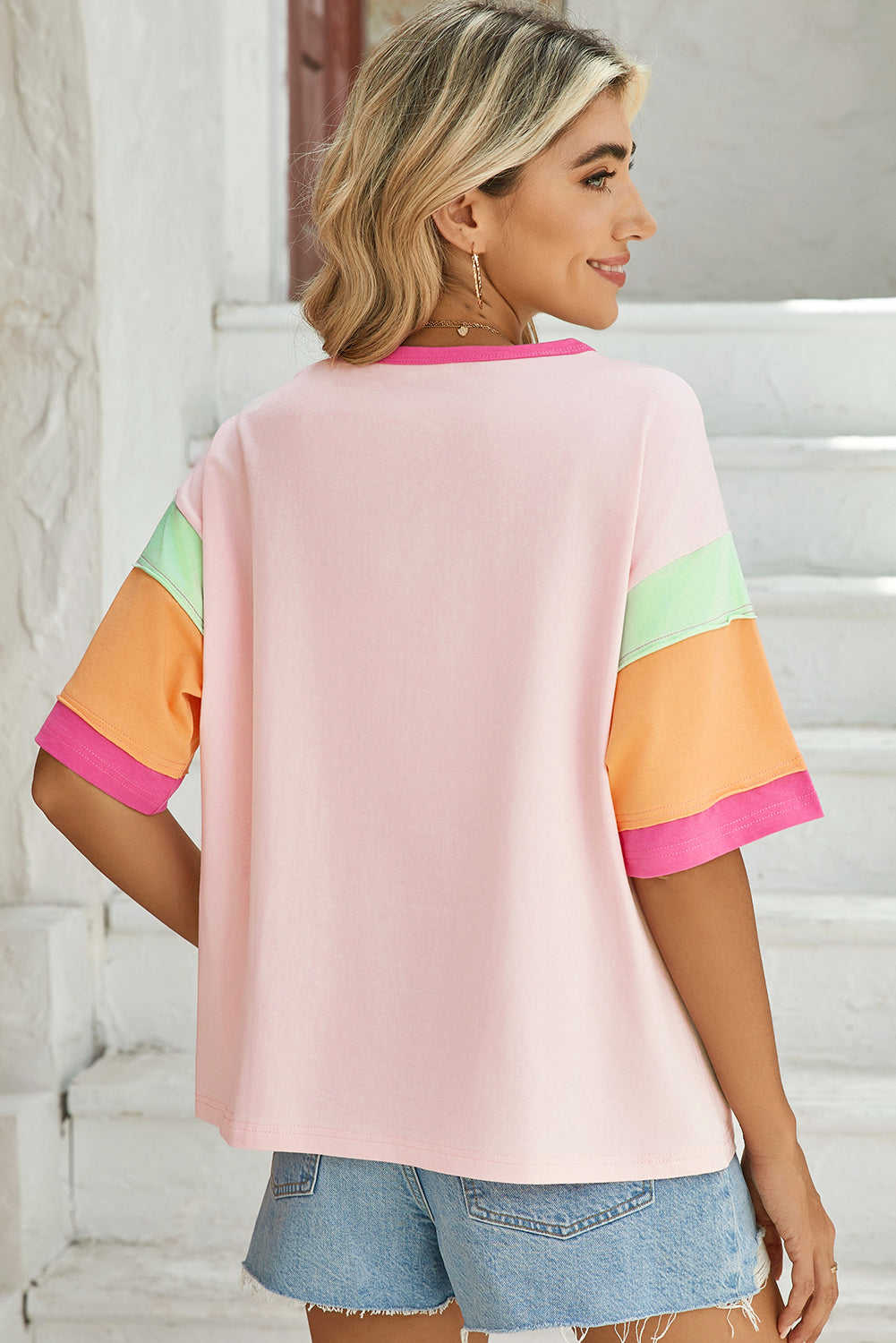 Pink Color Block Sleeve Round Neck Oversize Top