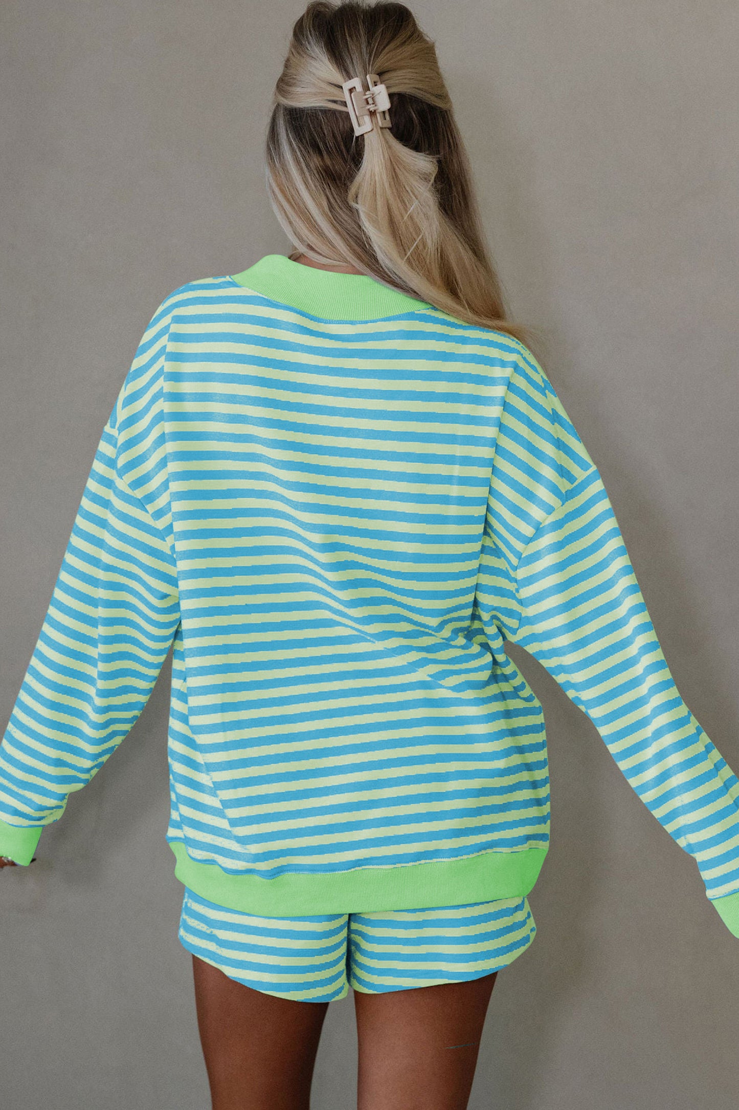Yellow Stripe Color Block Detail Long Sleeve Pullover Elastic Waist Pull On Shorts 2pcs Set