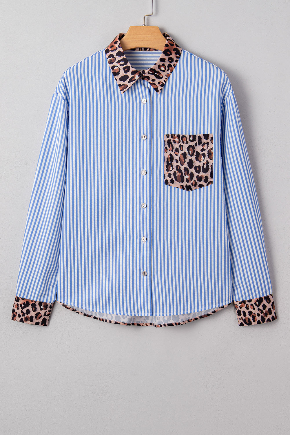 Sky Blue Leopard and Striped Patchwork Button Shirt