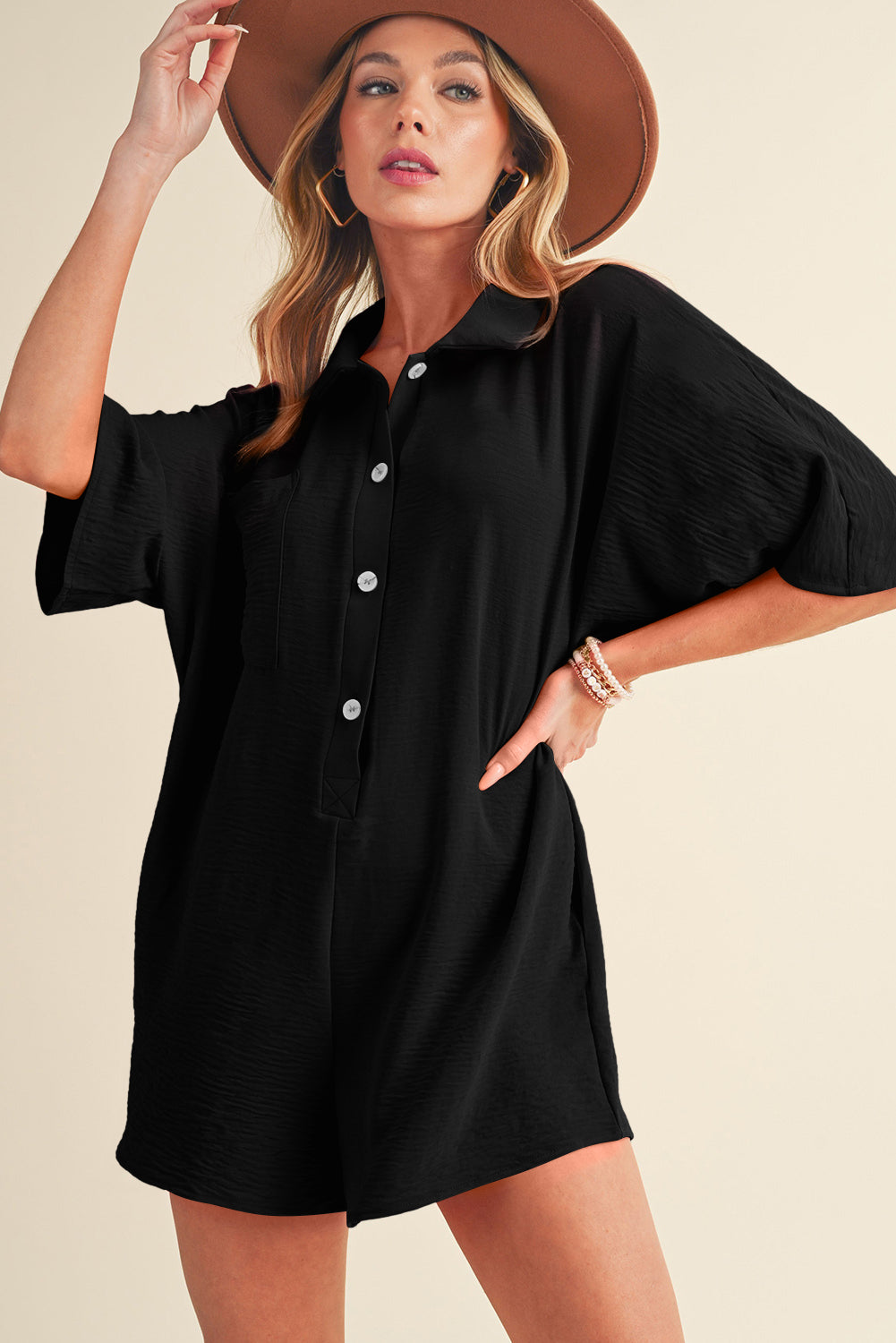 Black Plain Half Button Collared Pocket Loose Romper