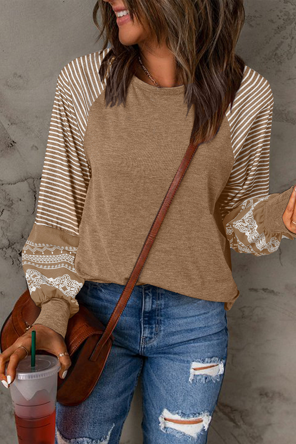 Mineral Red Contrast Print Striped Raglan Long Sleeve Loose Top