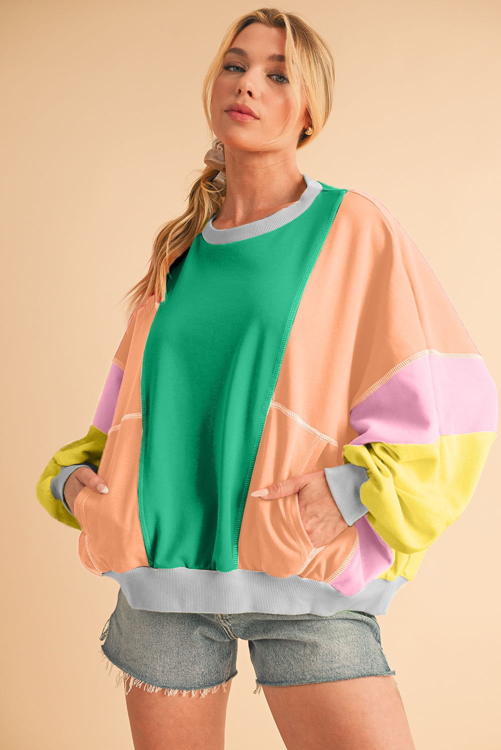 Grapefruit Orange Colorblock Patchwork Drop Shoulder Top