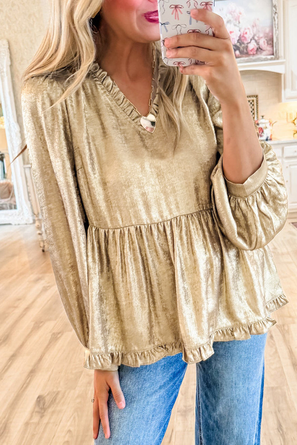 Gold Metallic Velvet Frill V Neck Puff Sleeve Babydoll Blouse